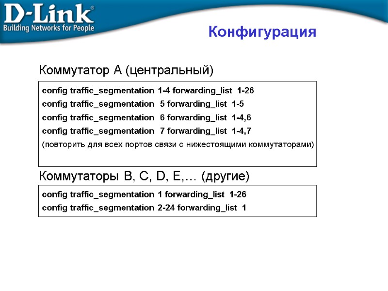 Конфигурация Коммутатор A (центральный) Коммутаторы B, C, D, E,… (другие) config traffic_segmentation 1-4 forwarding_list